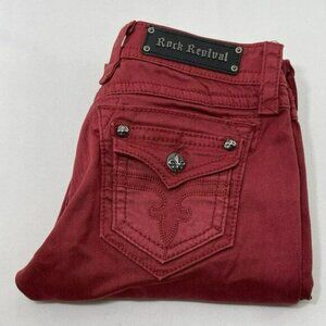 Rock Revival Holly Skinny Jeans Fleur De Lis Women Size 29 Maroon Studded Logo